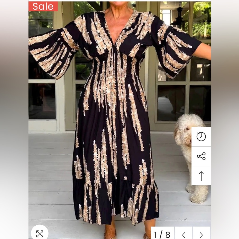 Retro 3/4 Sleeve Print Midi Dress